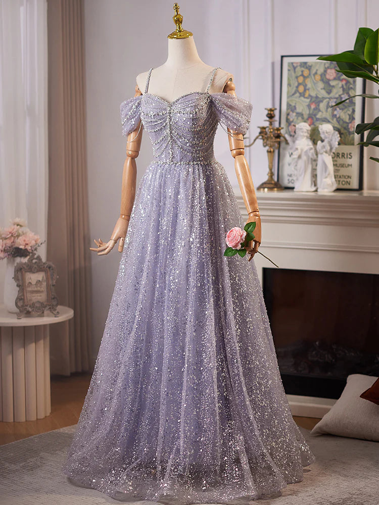 A Line Off the Shoulder Sequin Rhinestones Tulle Long Prom Dress Evening Dress DP1049
