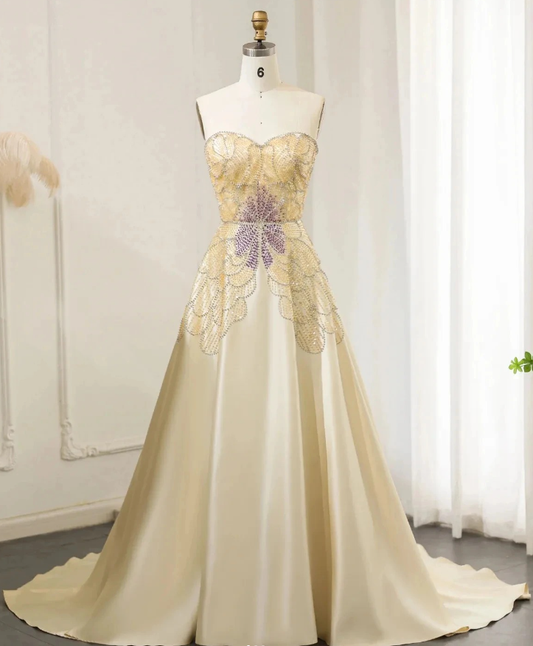 A Line Sweetheart Neck Beads Light Yellow Satin Long Prom Dress Evening Dress DP1474