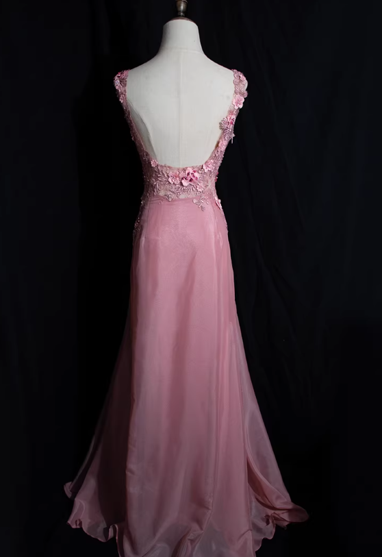 Elegant Pink A Line Spaghetti Strap Appliques Beaded Satin Backless Prom Dress DP4696