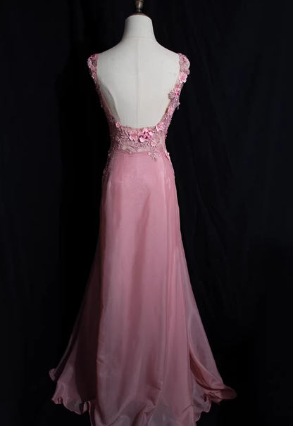 Elegant Pink A Line Spaghetti Strap Appliques Beaded Satin Backless Prom Dress DP4696