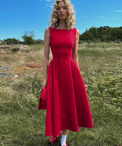 Cute Red A Line Round Neck Satin Open Back Prom Dress Outfits DP4252