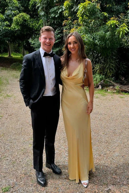 Cowl Neck Yellow Soft Satin Sheath Bridesmaid Dress DP5566