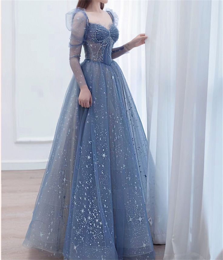 Blue Tulle Beaded Long Fairy Ball Gown Long Sleeves Tulle Prom Dress Quinceanera Dress DP306