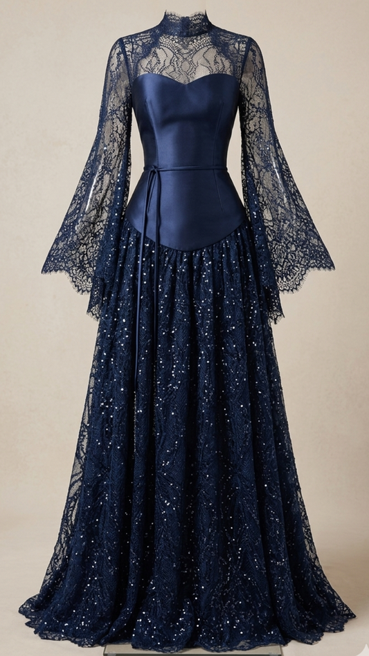 Elegant Navy Blue A Line Lace Sequin Satin Long Prom Dress Evening Dress DP6672