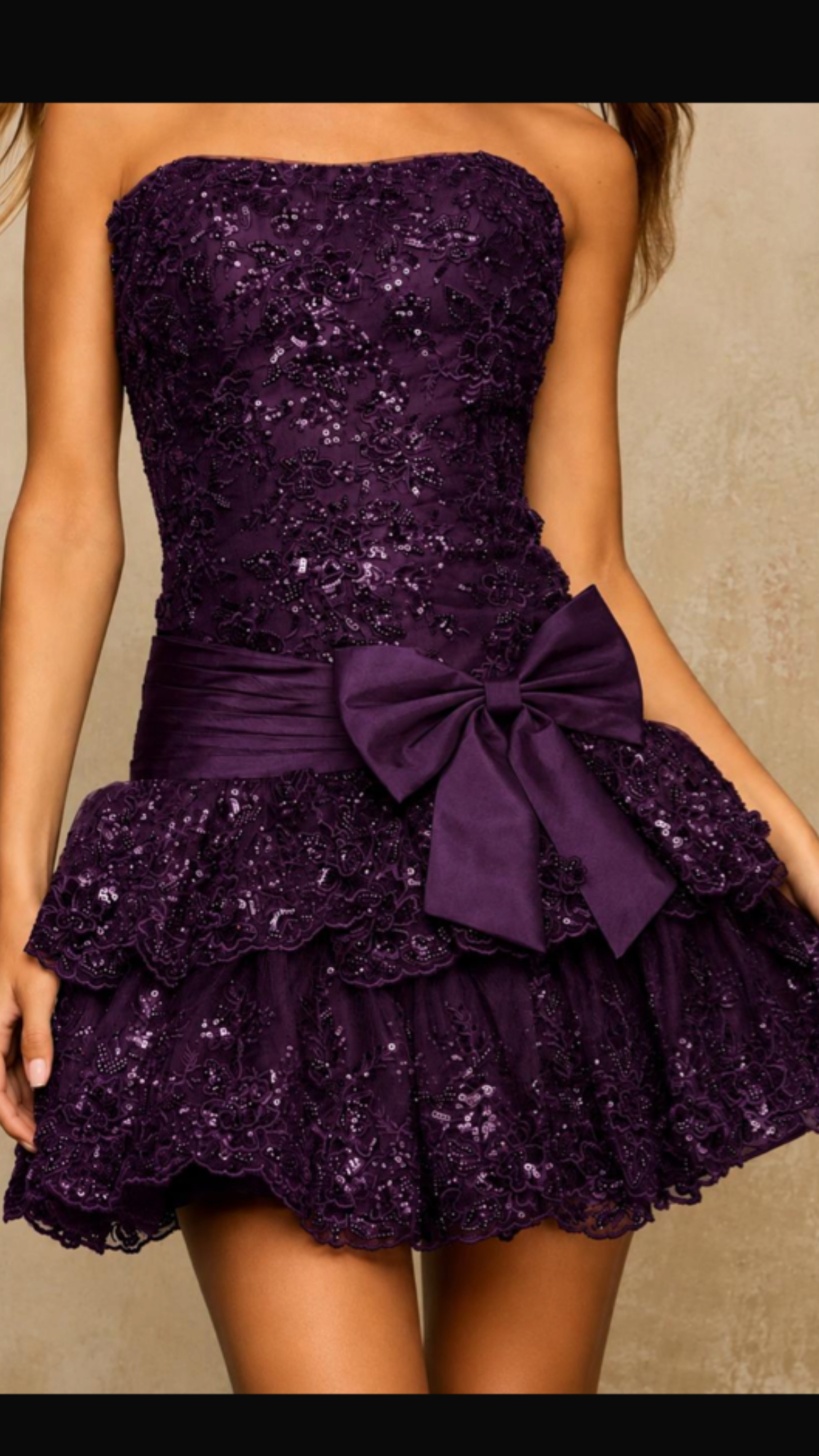 Purple A Line Strapless Bow Layered Sequin Short Prom Dress Homecoming Dress DP6902