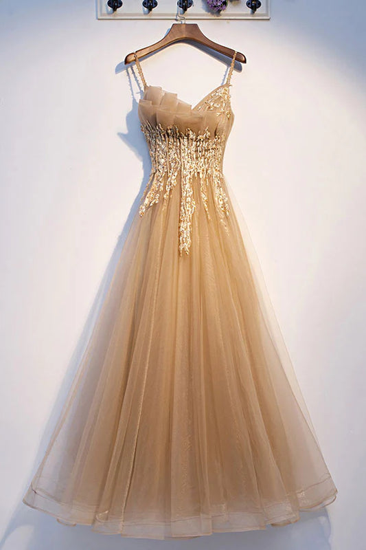 Champagne A Line Spaghetti Straps Appliques Tulle Long Evening Dress Prom Dress DP1300