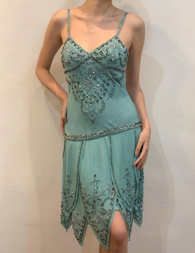 Vintage Sheath Spaghetti Strap Beaded Chiffon Short Prom Dress Evening Dress DP1687