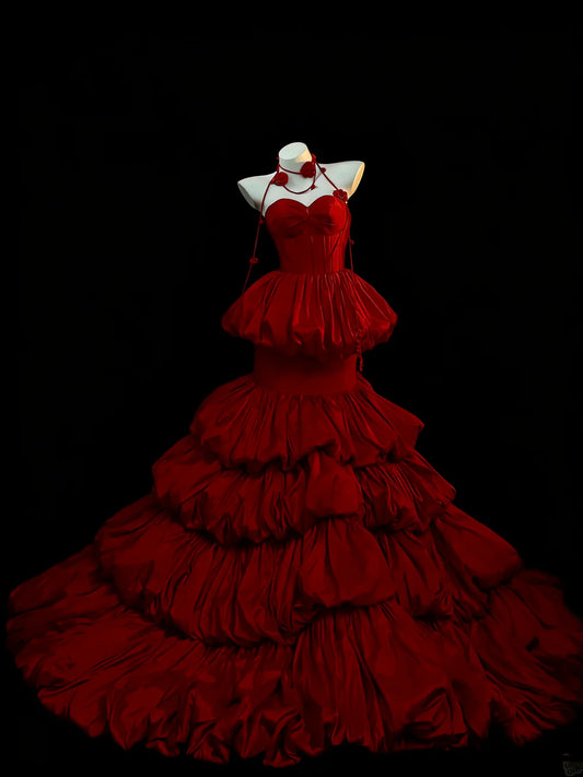 Sexy Mermaid Sweetheart Neck Layered Red Satin Long Prom Dress DP4619