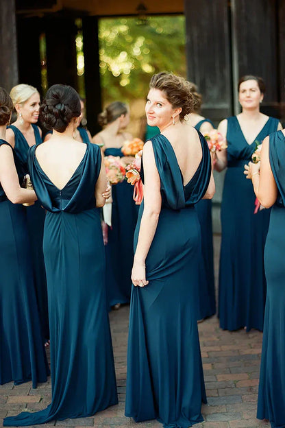 Peacock Blue Mermaid V-Neck Long Bridesmaid Dress DP5560