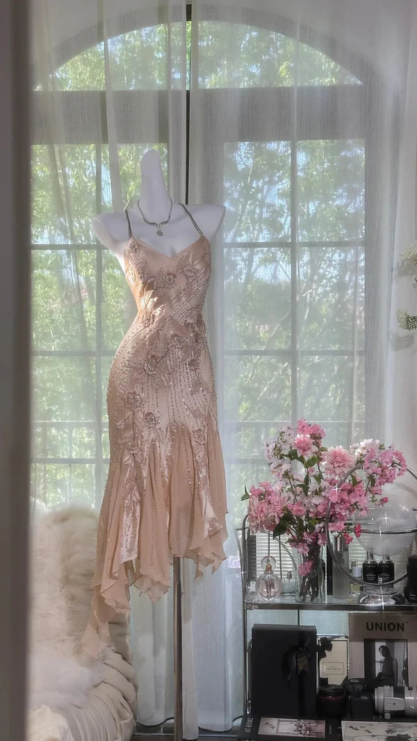 Vintage Mermaid Spaghetti Strap Beaded Ruffle Satin Chiffon Short Homecoming Dress DP2468