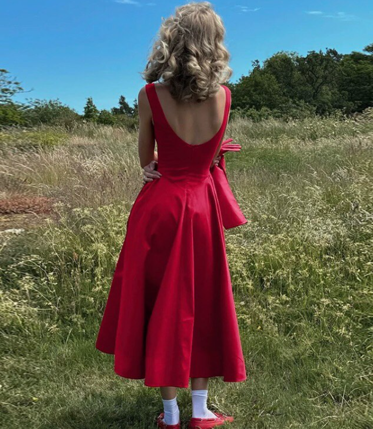 Cute Red A Line Round Neck Satin Open Back Prom Dress Outfits DP4252