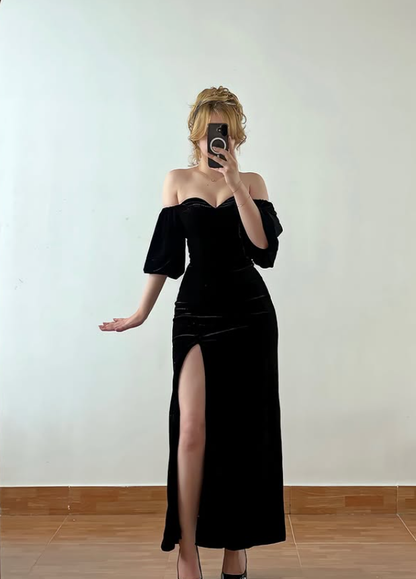 Classic Black A Line Puff Sleeve Velevt Prom Dress Evening Dress DP6426