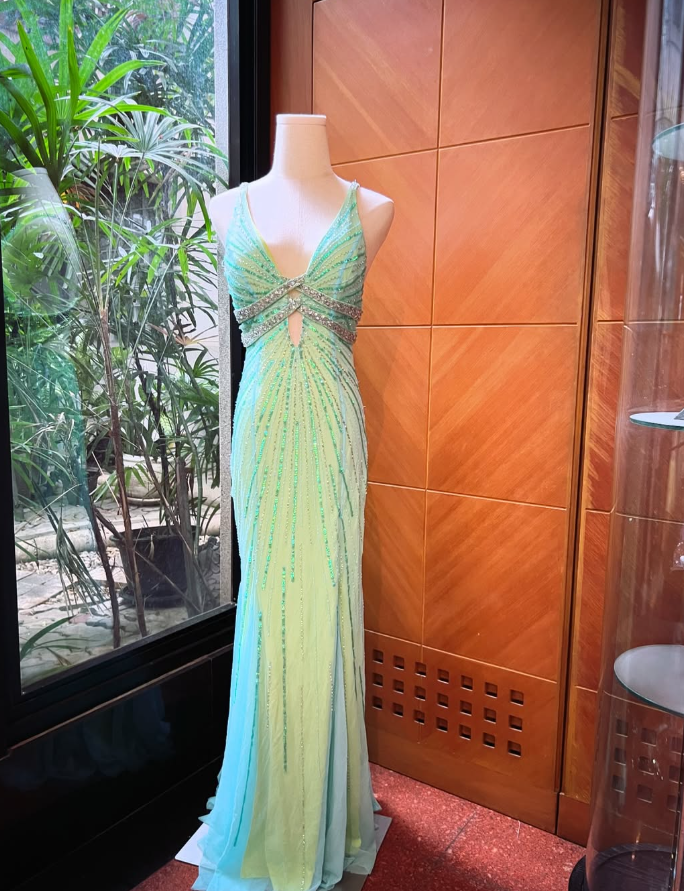 Vintage Light Green Sheath V Neck Beaded Tulle Prom Dress Party Dress Date Dress DP4448