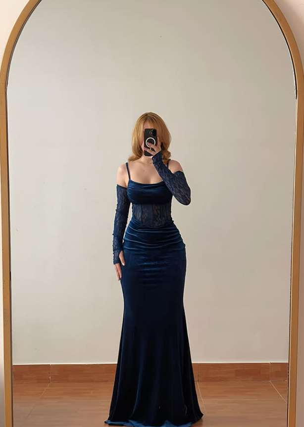 Sexy Blue Mermaid Spaghetti Strap Lace Velvet Long Prom Dress Evening Dress DP6436
