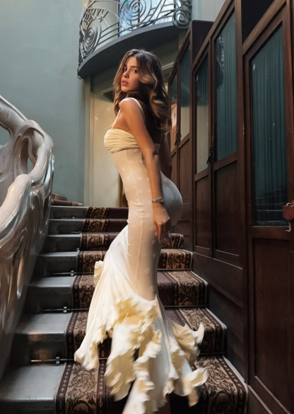 Beautiful Mermaid Spaghetti Strap Ivory Polka Dot Satin Prom Dress Evening Dress DP7822