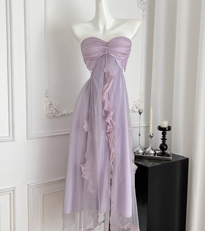 Purple A Line Sweetheart Neck Tulle Vacation Dress Homecoming Dress Outfits DP3544