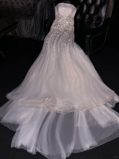 Stunning A Line Strapless Sequin White Tulle Long Prom Dress Evening Dress DP1957
