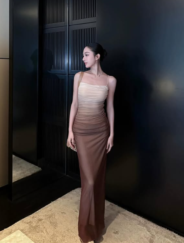 Sexy Sheath Spaghetti Strap Brown Ombre Chiffon Prom Dress Evening Dress DP5571