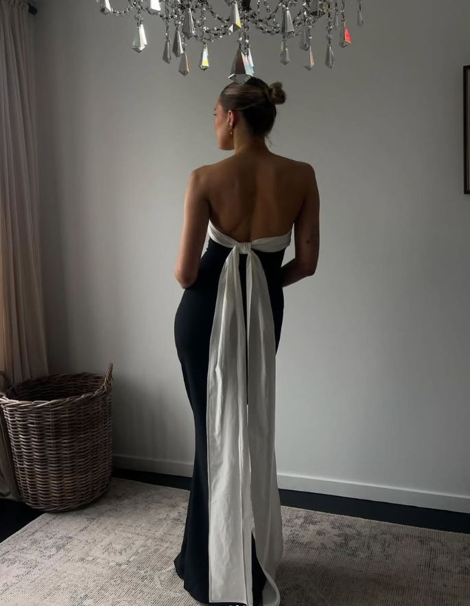 Sexy Sheath Strapless White Bow Black Satin Long Prom Dress Evening Dress DP1509