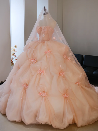 Gorgeous A Line Sweetheart Neck Flower Pink Tulle Prom Dress Evening Dress DP2186
