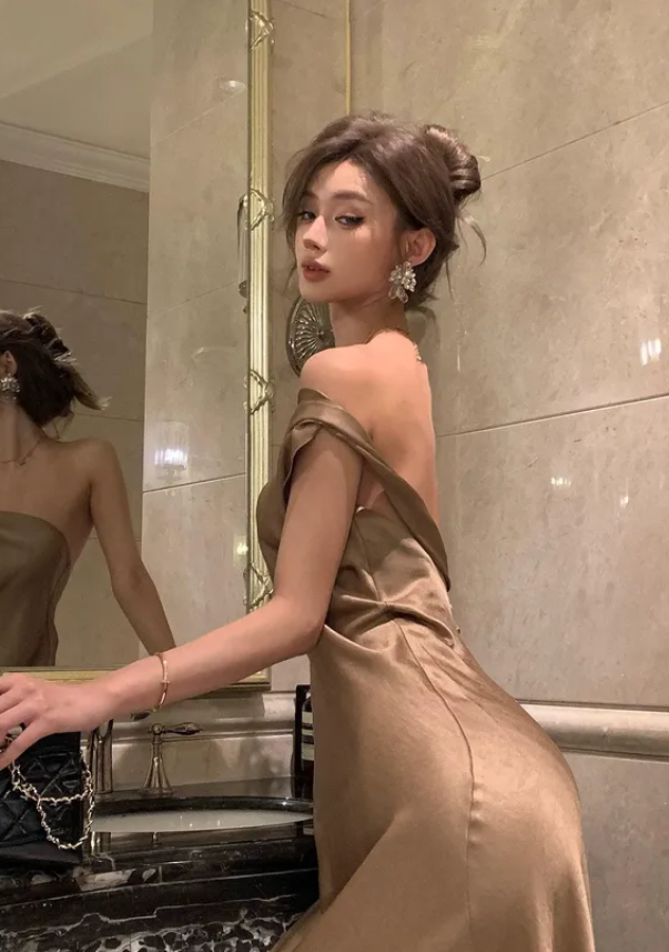 Brown Simple Elegant Sheath One Shoulder Satin Prom Dress Evening Prom Dress DP4895