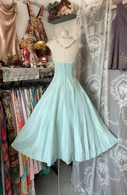 Cute Vintage A Line Strapless White Lace Teal Satin Prom Dress DP4853