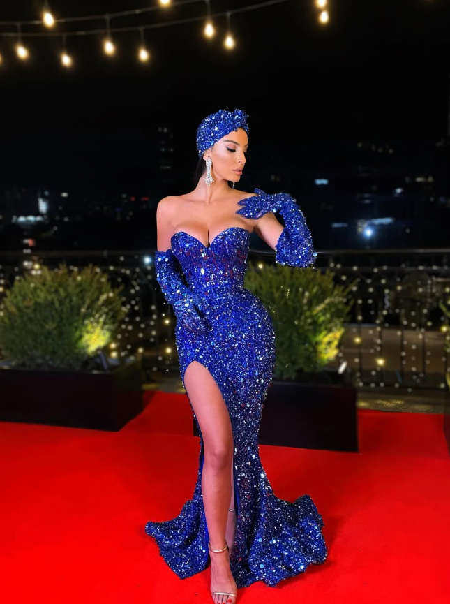 Sexy Royal Blue Sheath Sweetheart Neck Sequin Prom Dress Evening Dress with Slit DP5598
