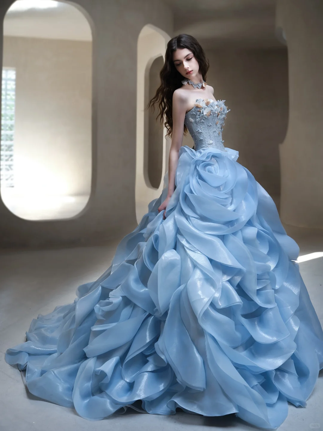 Exquisite Blue Floral Ball Gown Strapless Beaded Organza Long Prom Dress Evening Dress Formal Gown DP3435