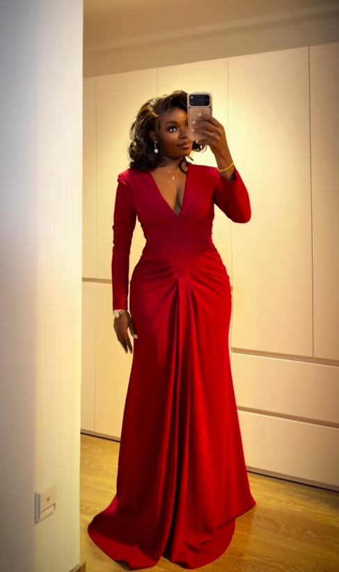 Red Mermaid Long Sleeve Satin Long Prom Dress Evening Dress DP7864