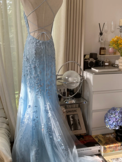 Light Blue A Line Spaghetti Straps Appliques Tulle Open Back Party Dress Evening Dress DP2472
