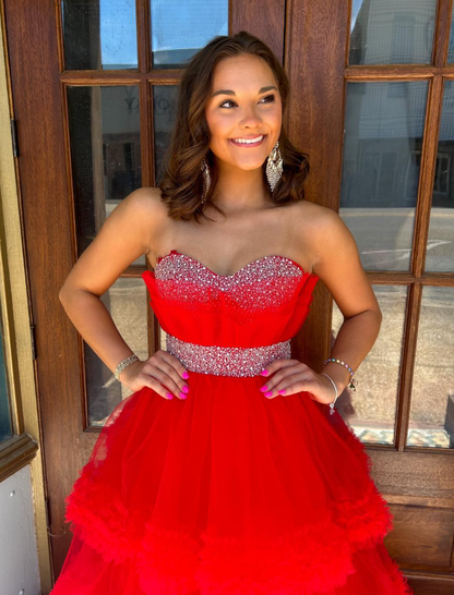 Stunning Red A Line Strapless Beaded Layered Tulle Long Prom Dress Evening Dress DP6573