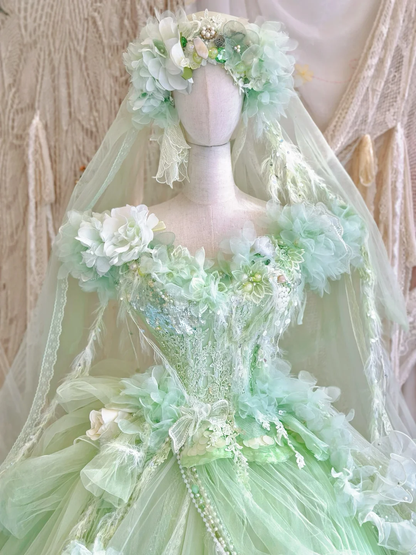 Green Ball Gown Off the Shoulder Floral Exquisite Beaded Tulle 16th Birthday Dress Prom Dress DP3816