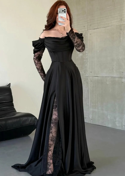 Elegant Black A Line Long Sleeve Lace Satin Prom Dress Eveening Dress DP5632