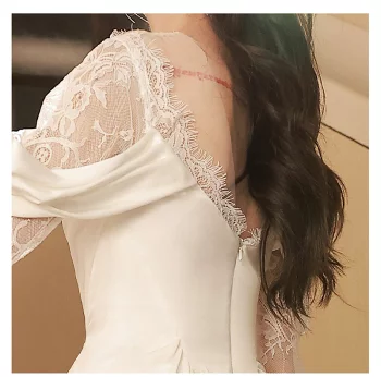 Classic A Line Off the Shoulder Black Lace White Satin Wedding Dress DP4355