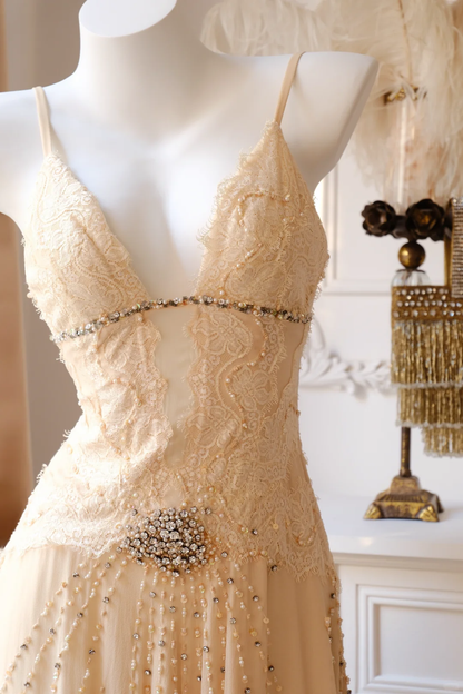 Vintage Apricot A Line Beaded Lace Chiffon Short Prom Dress Homecoming Dress DP5437