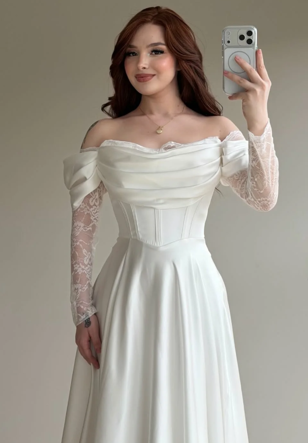 Elegant White A Line Long Sleeve Lace Satin Prom Dress DP5022