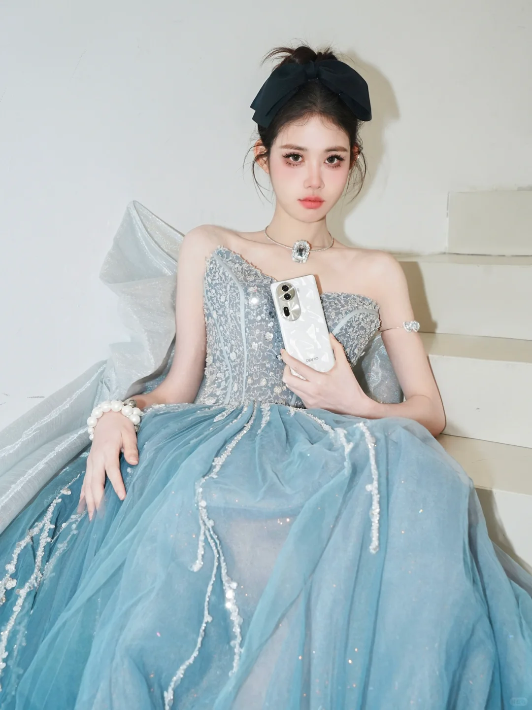 Dreamy A Line Sweetheart Neck Sequin Blue Tulle Long Party Dress Evening Dress with Bow DP2550