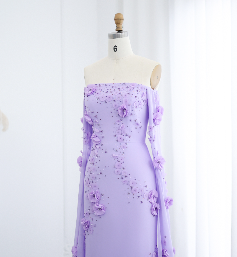 Stunning Lilac A Line Long Sleeve Beaded 3D Flower Chiffon Prom Dress Evening Dress DP1911