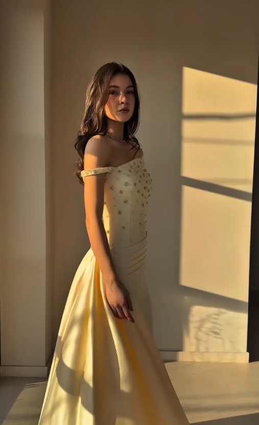 Yellow A Line Off the Shoulder Beaded Satin Long Sweep Prom Dress Graduation Prom Dress DP5047