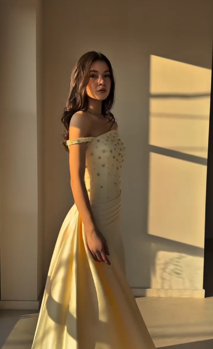 Yellow A Line Off the Shoulder Beaded Satin Long Sweep Prom Dress Graduation Prom Dress DP5047