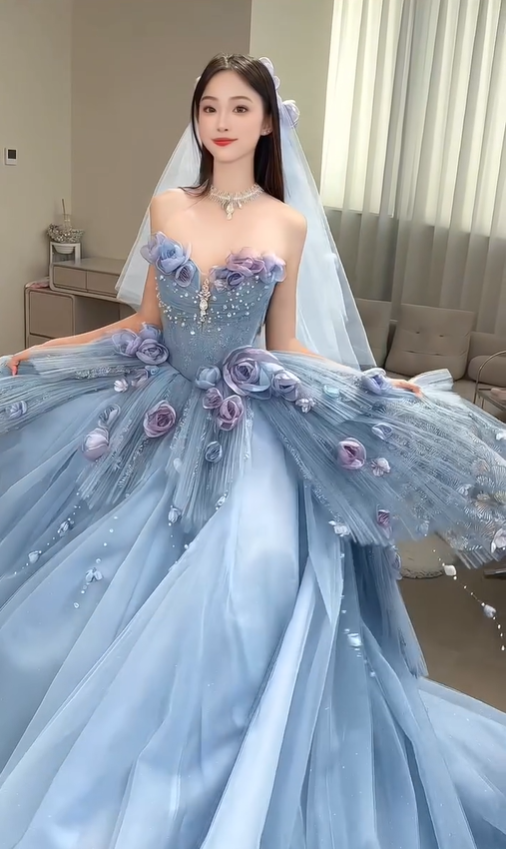 Blue Floral Ball Gown Sweetheart Neck Exquisite Beaded Tulle Long Prom Dress DP4604