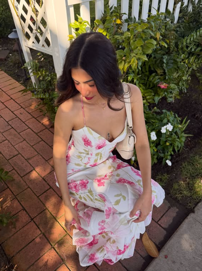 Pretty Sheath Straps Pink Print Floral Ruffle Chiffon Prom Dress Evening Dress Vacation Dress DP5608