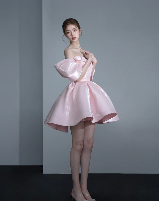 Stunning A Line Off the Shoulder Pink Satin Short Homecoming Dress Birthday Dress DP3650