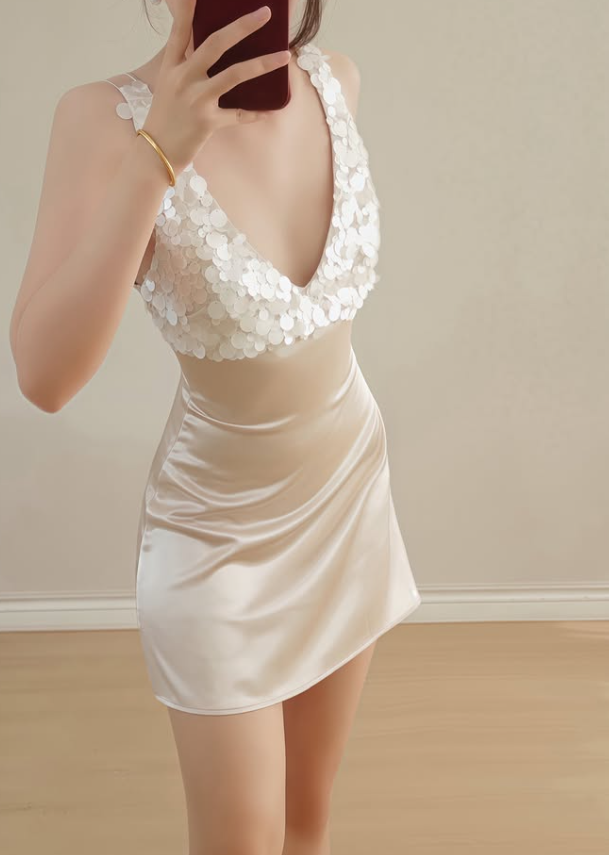 Light Apricot Sheath V Neck Sequin Satin Short Prom Dress Homecoming Dress DP7967