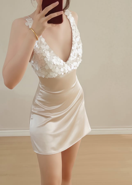 Light Apricot Sheath V Neck Sequin Satin Short Prom Dress Homecoming Dress DP7967