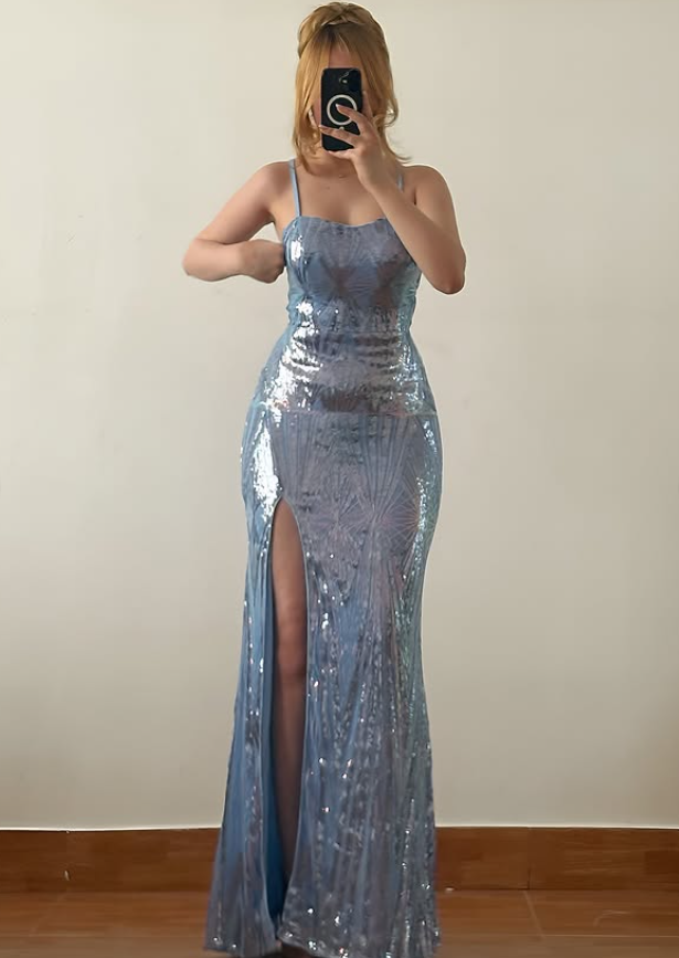 Light Blue Sheath Spaghetti Strap Sequin Prom Dress Evening Dress with Slit DP6045