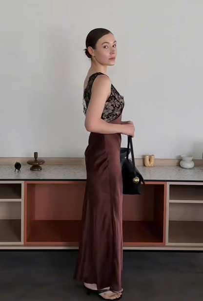 Brown Sheath V Neck Black Lace Satin Prom Dress Date Dress DP4797