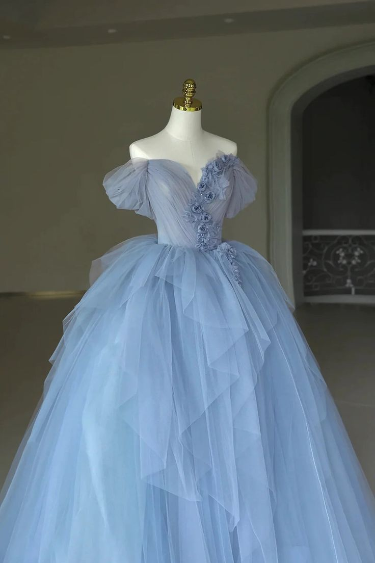 Off the Shoulder Blue Tulle Long Prom Dress Formal Evening Dress Quinceanera Dress DP335