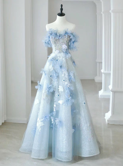 Blue A Line Off-the-shoulder Flower Sequins Tulle Prom Dress DP819