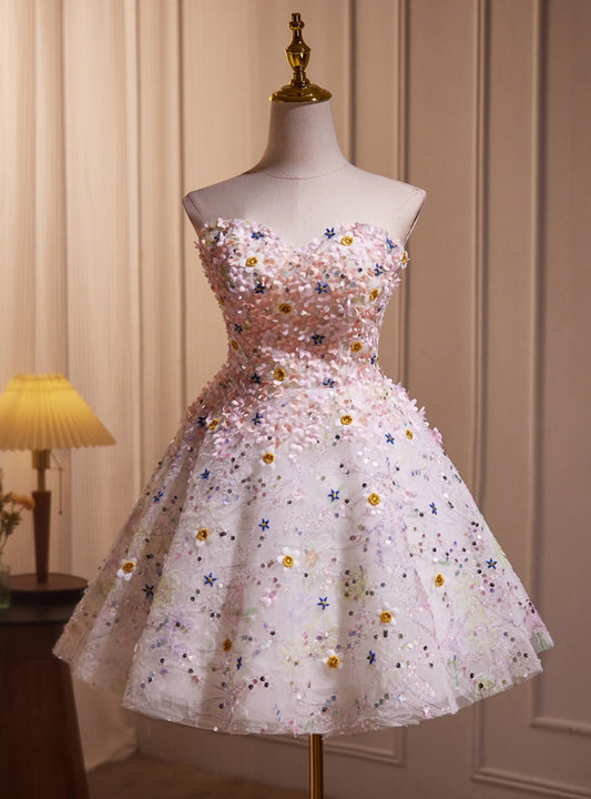 A Line Sweetheart Sequins Flower Beading Tulle Homecoming Dress DP845